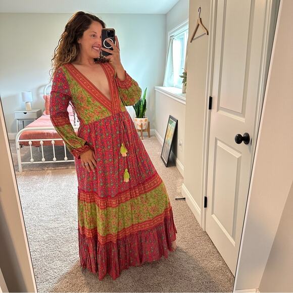 Anthropologie Raga Pink Green Floral Long Sleeve Boho Tassel Maxi Dress Sexy S - Picture 4 of 12